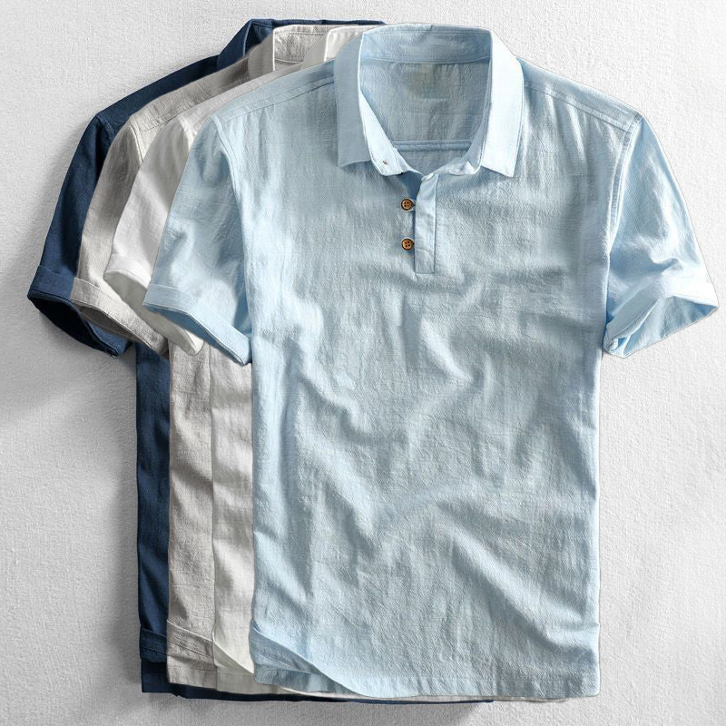 Men's Cotton Linen Polo Shirt, Breathable Short Sleeve Summer Polo with Casual Relaxed Fit