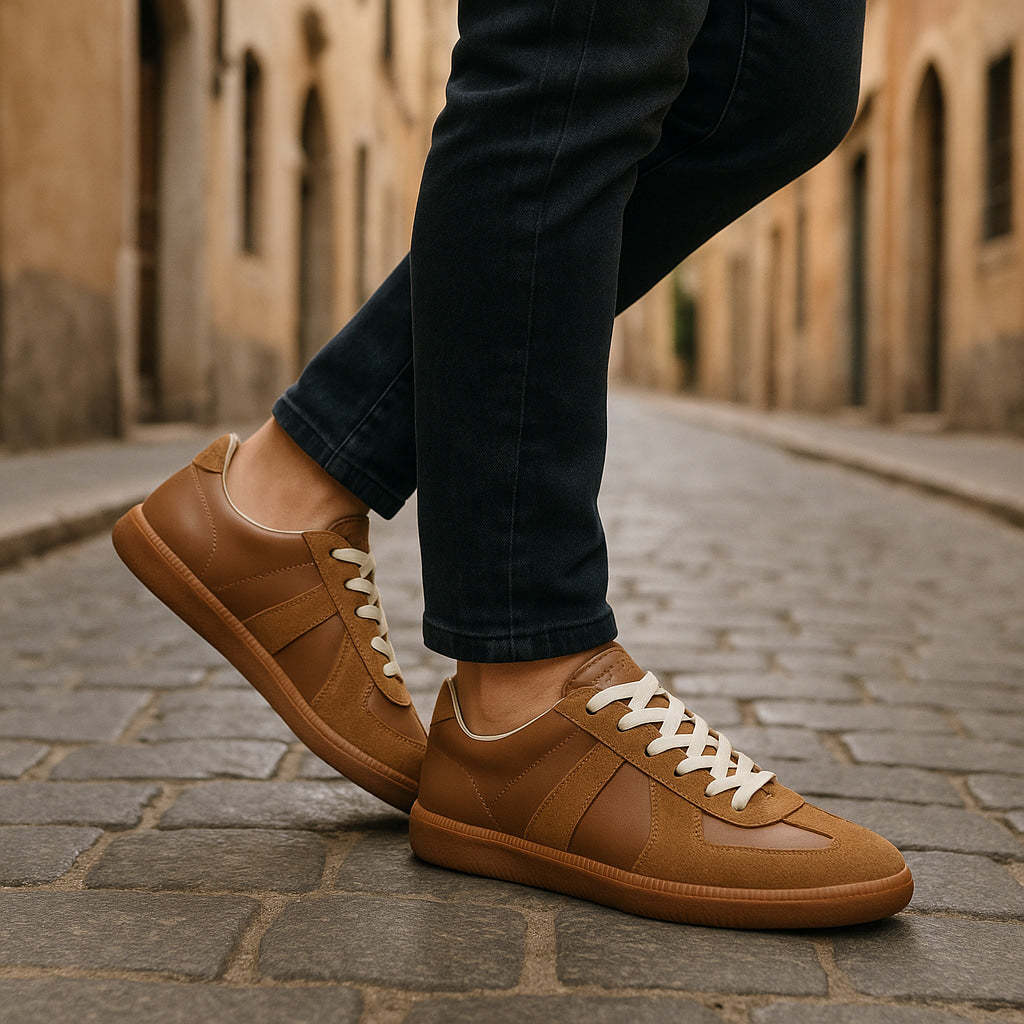 Men's panelled lace-up sneakers with round toes and flat soles