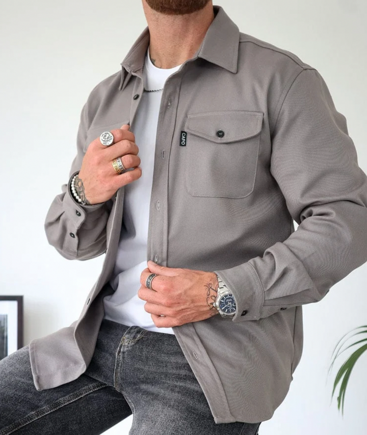 Men's long-sleeve utility shacket with shirt collar and buttoned chest pockets