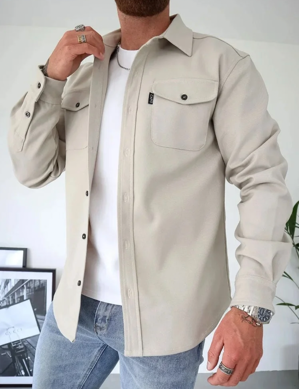 Men's long-sleeve utility shacket with shirt collar and buttoned chest pockets