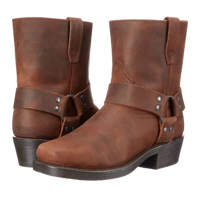 Men's cowboy boots with western straps, studs and low block heel