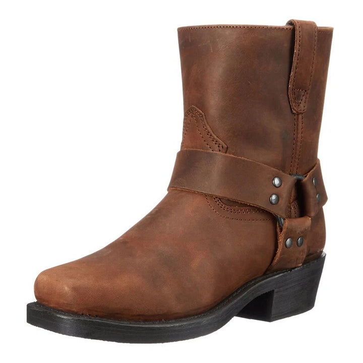 Men's cowboy boots with western straps, studs and low block heel