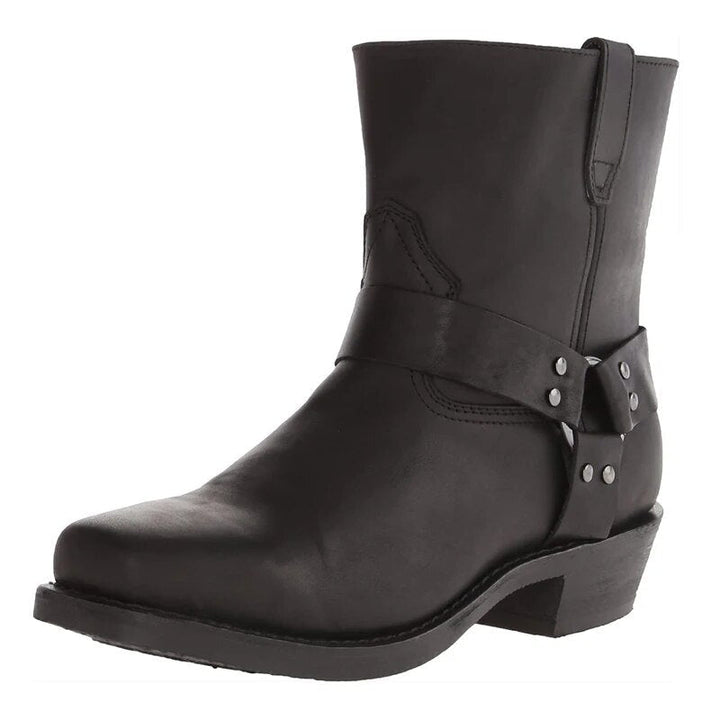 Men's cowboy boots with western straps, studs and low block heel