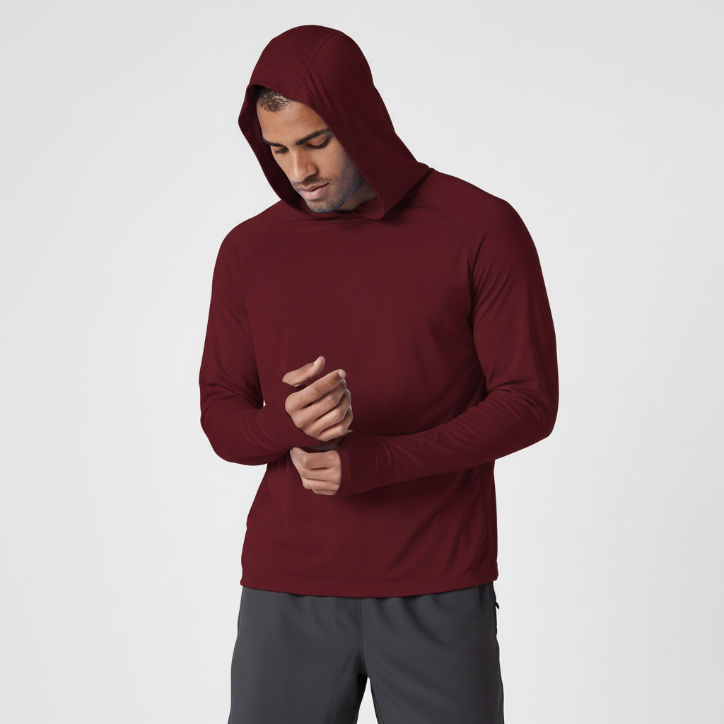 Men's long-sleeve hooded sports top with thumb-opening cuffs