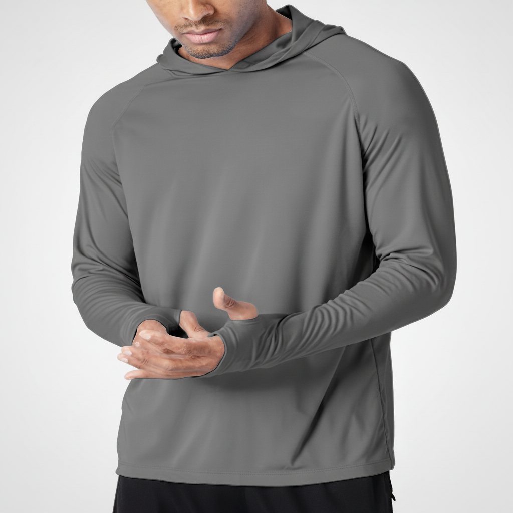 Men's long-sleeve hooded sports top with thumb-opening cuffs