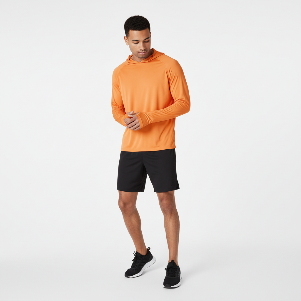 Men's long-sleeve hooded sports top with thumb-opening cuffs