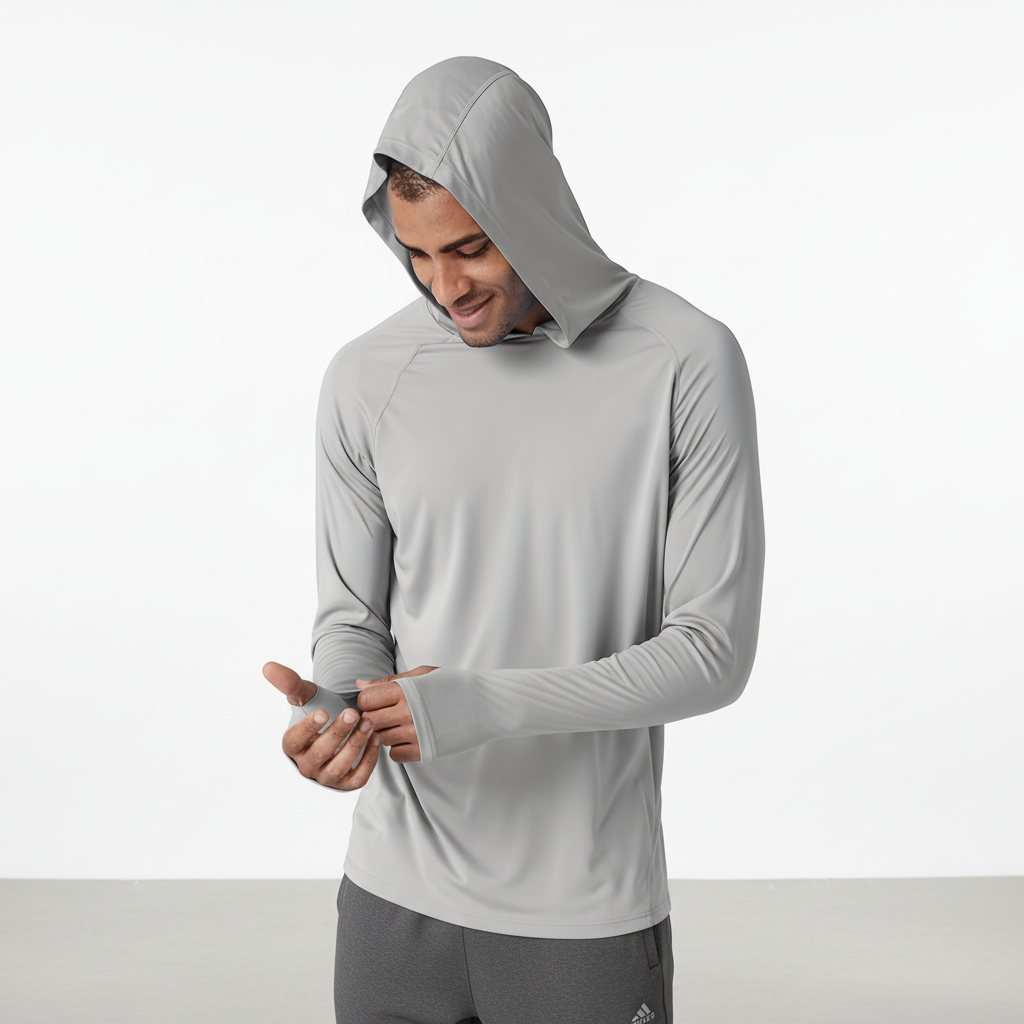 Men's long-sleeve hooded sports top with thumb-opening cuffs