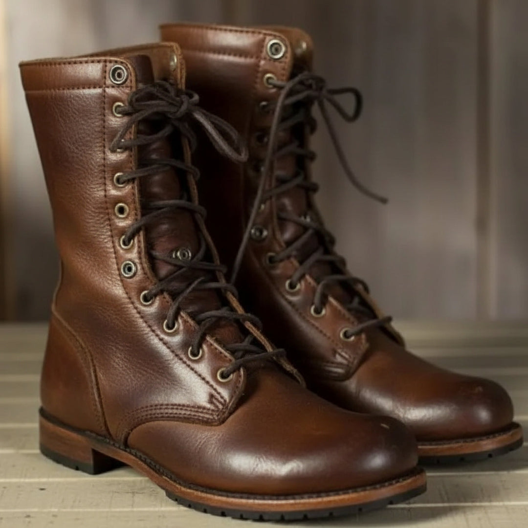 Unisex mid-calf lace-up combat boots with round toes and ridged soles