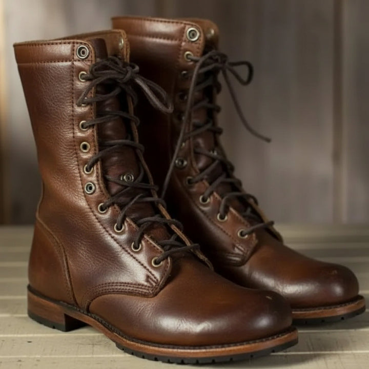 Unisex mid-calf lace-up combat boots with round toes and ridged soles