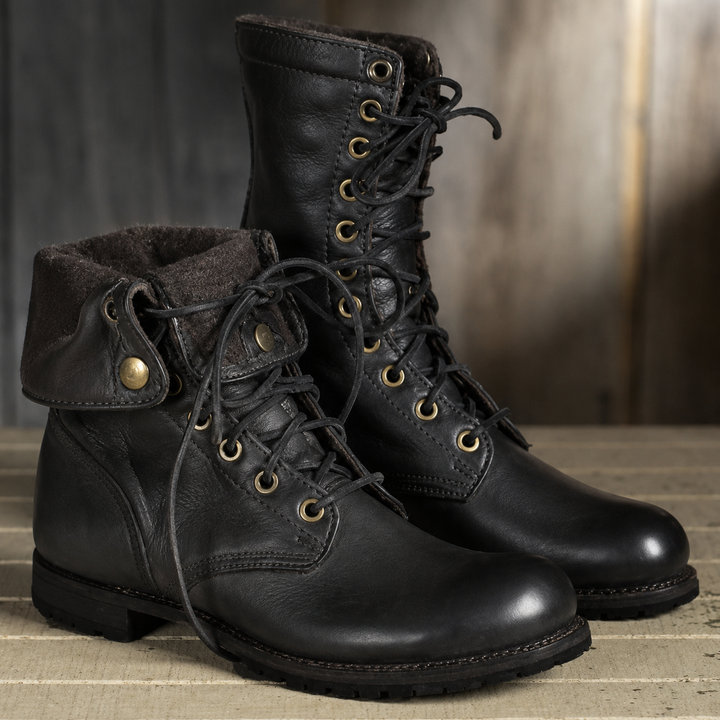 Unisex mid-calf lace-up combat boots with round toes and ridged soles