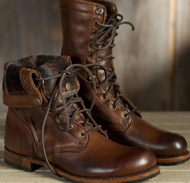Unisex mid-calf lace-up combat boots with round toes and ridged soles