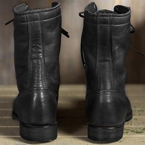 Unisex mid-calf lace-up combat boots with round toes and ridged soles