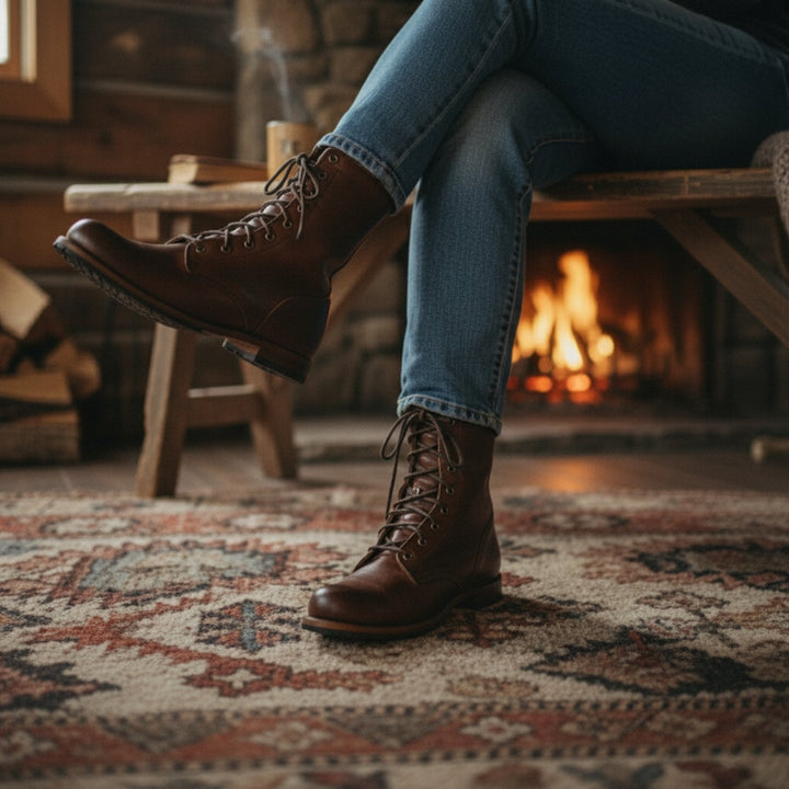 Unisex mid-calf lace-up combat boots with round toes and ridged soles