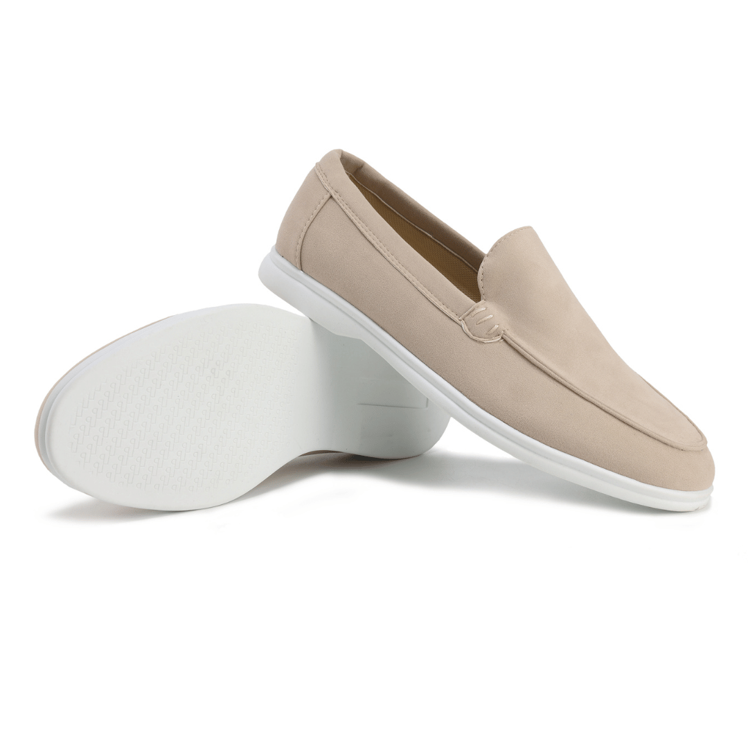 Men's moc toe loafers with stitched trim and flat soles