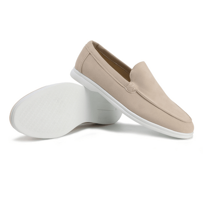 Men's moc toe loafers with stitched trim and flat soles