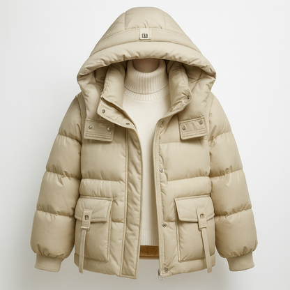 Quilted hooded puffer jacket with ribbed cuffs and front pockets