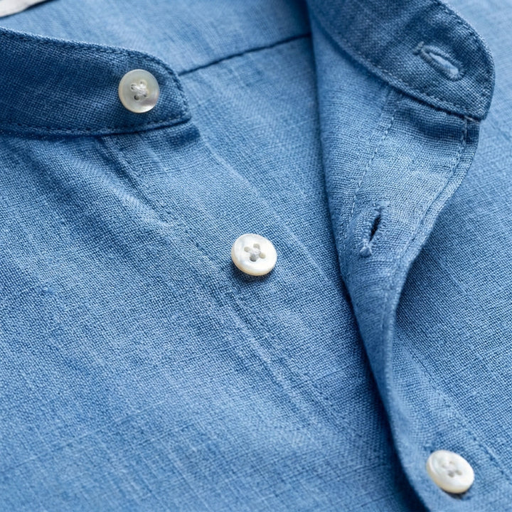 Men's Mandarin Collar Shirt, Long Sleeve Button-Up Casual Shirt with Roll-Up Sleeves, Relaxed Fit