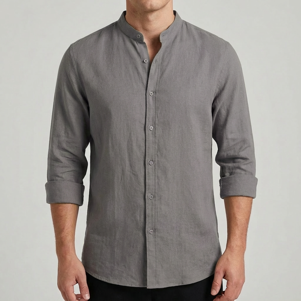 Men's Mandarin Collar Shirt, Long Sleeve Button-Up Casual Shirt with Roll-Up Sleeves, Relaxed Fit