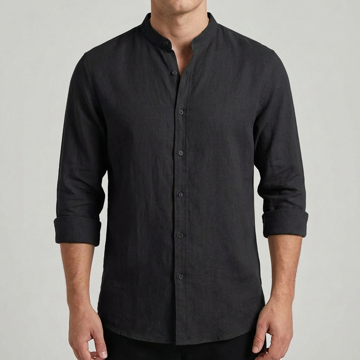 Men's Mandarin Collar Shirt, Long Sleeve Button-Up Casual Shirt with Roll-Up Sleeves, Relaxed Fit