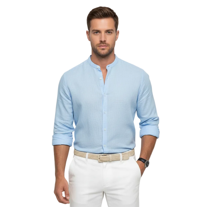 Men's Mandarin Collar Shirt, Long Sleeve Button-Up Casual Shirt with Roll-Up Sleeves, Relaxed Fit