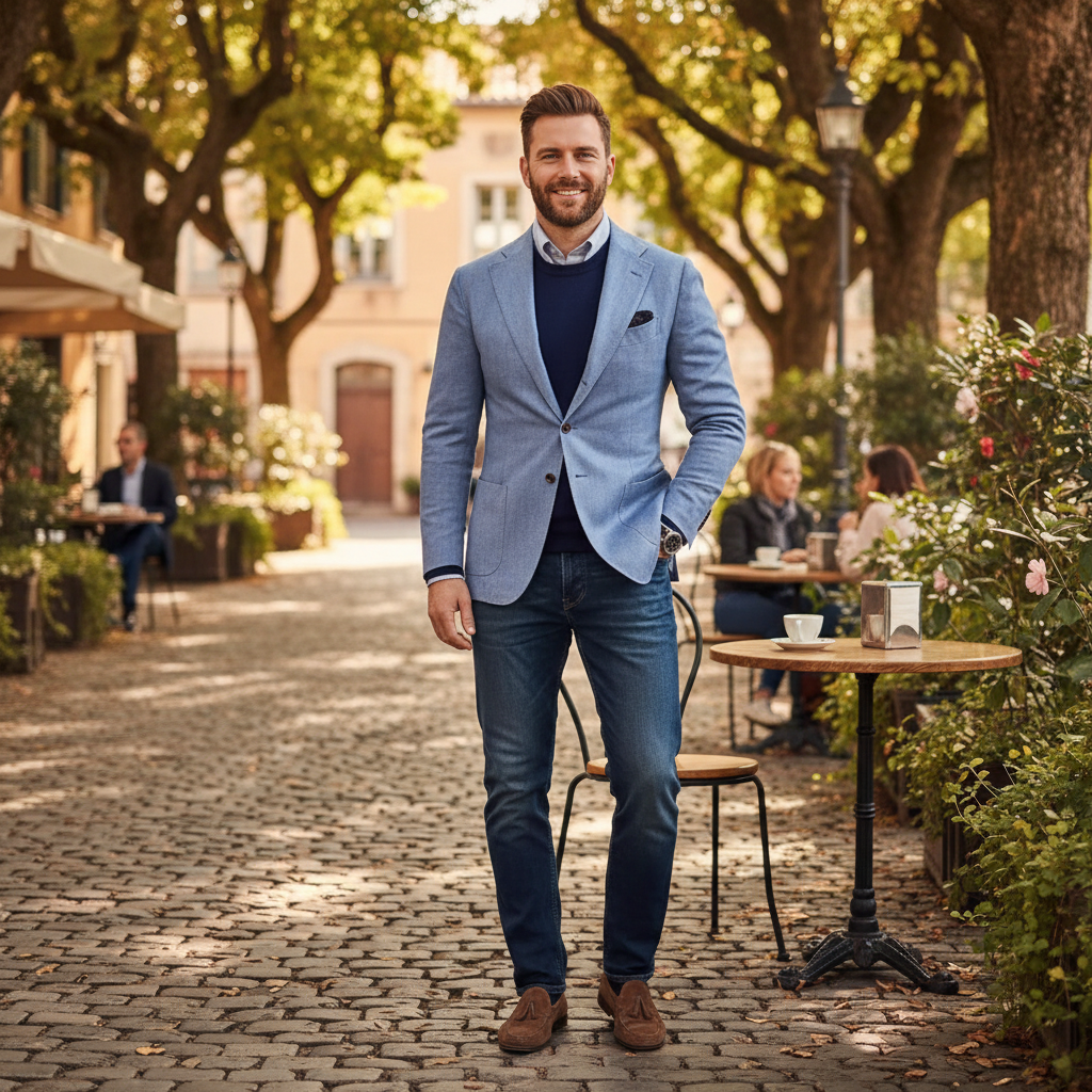Men's notch lapel button front blazer with long sleeves and flap pockets