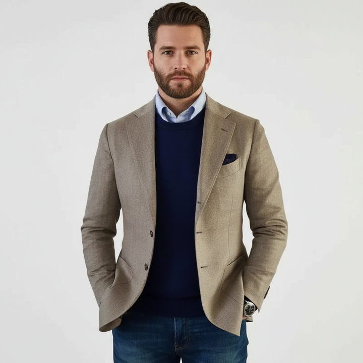 Men's notch lapel button front blazer with long sleeves and flap pockets