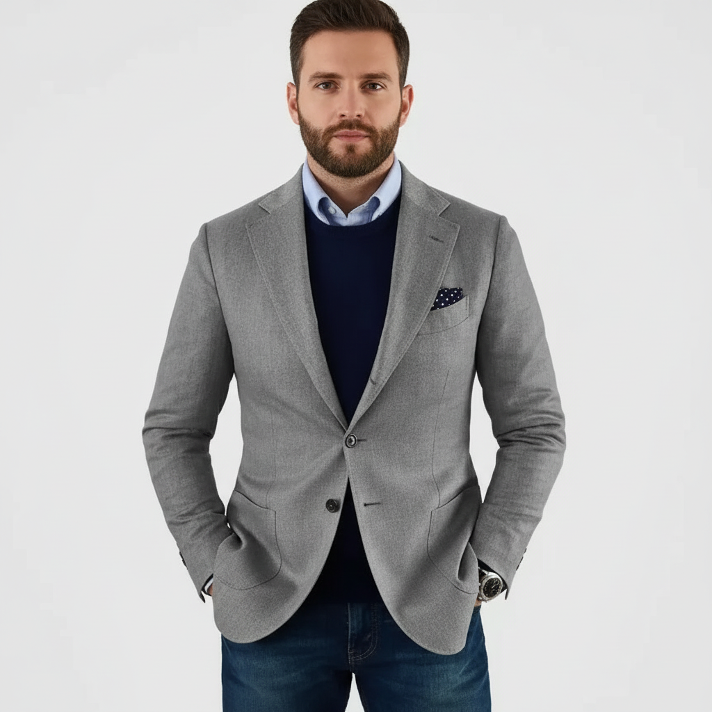 Men's notch lapel button front blazer with long sleeves and flap pockets