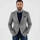 Men's notch lapel button front blazer with long sleeves and flap pockets