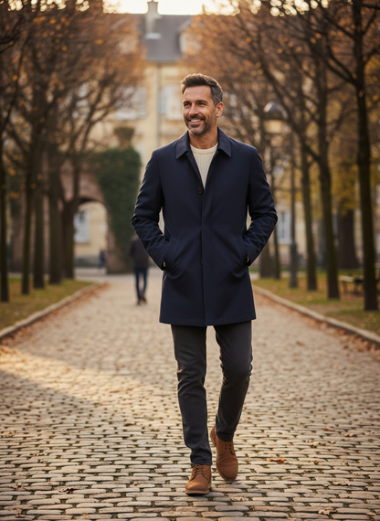 Men's classic trench coat with button front and side pockets