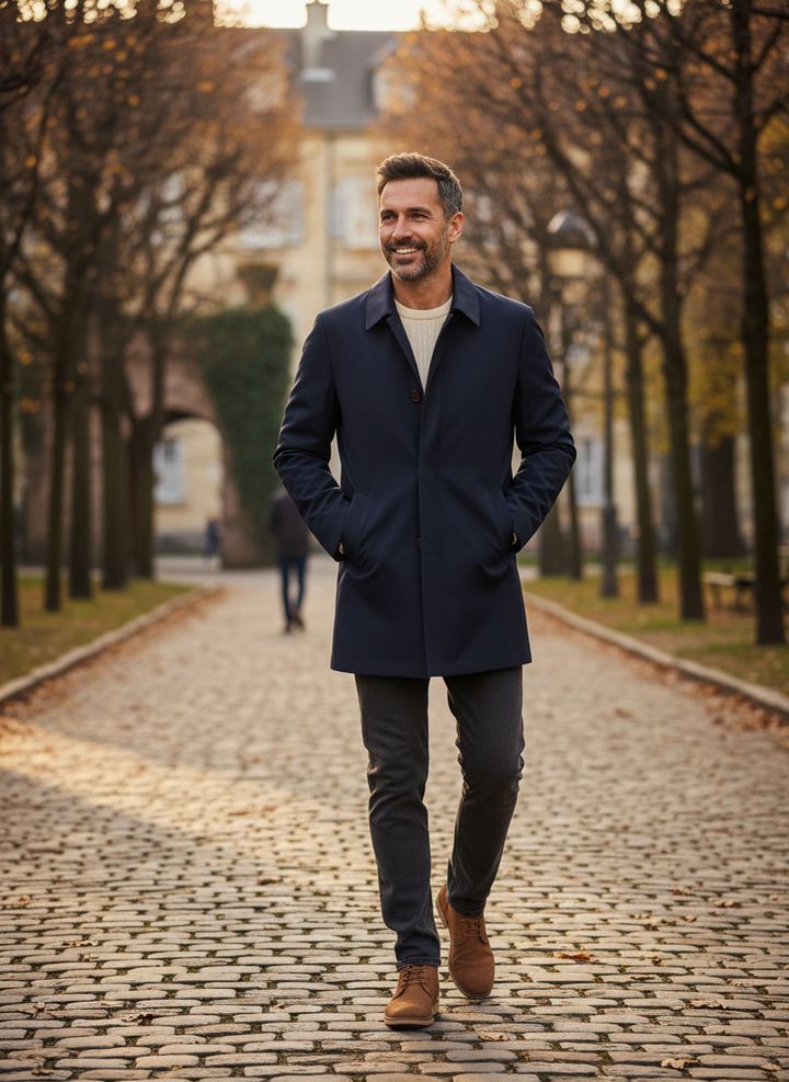 Men's classic trench coat with button front and side pockets