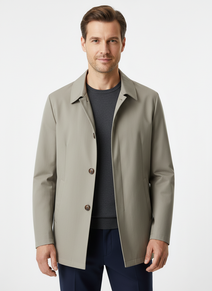 Men's classic trench coat with button front and side pockets