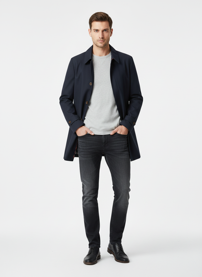 Men's classic trench coat with button front and side pockets