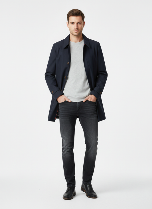 Men's classic trench coat with button front and side pockets