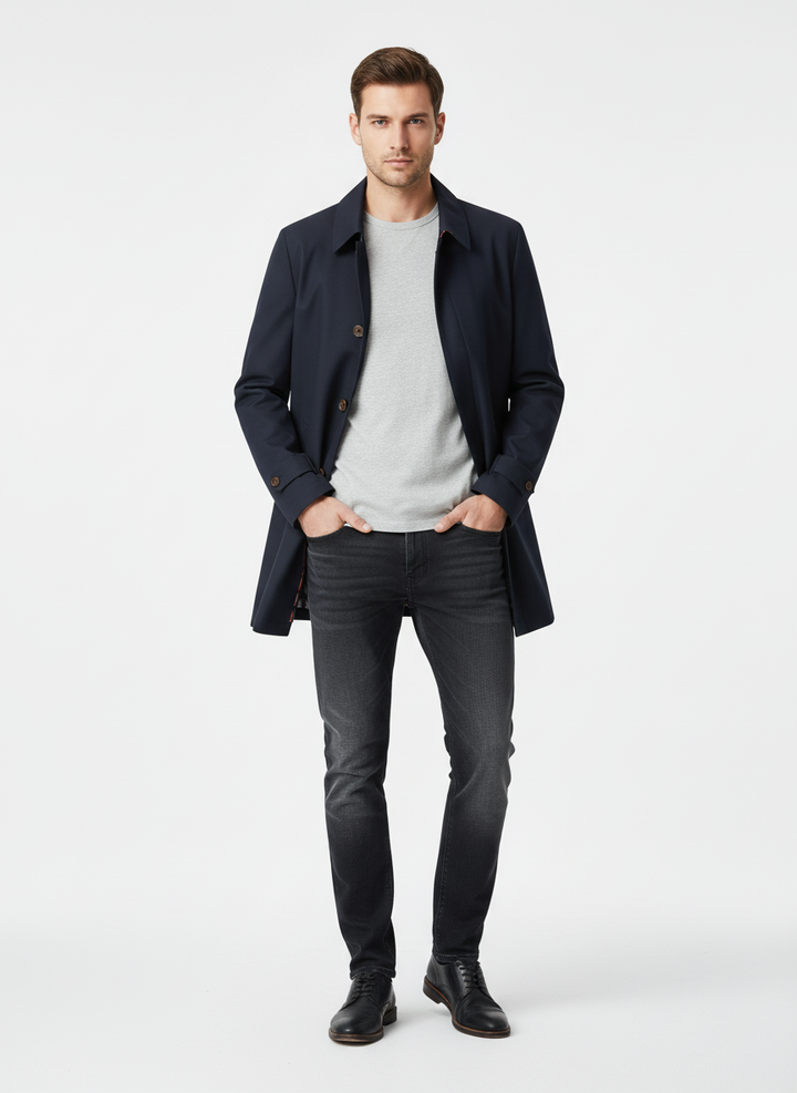 Men's classic trench coat with button front and side pockets
