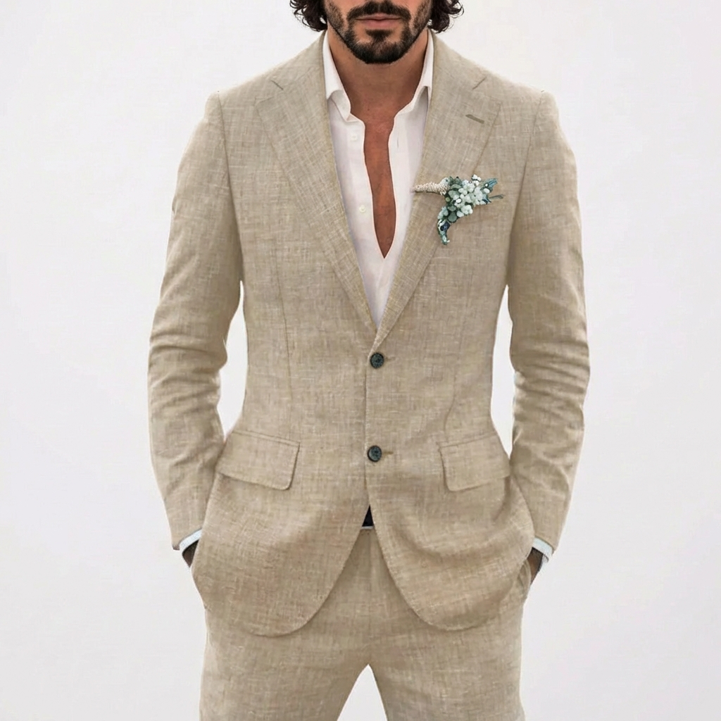 Men's 2-Piece Summer Suit, Relaxed Fit Classic Lapel Lightweight Wedding Groom Suit