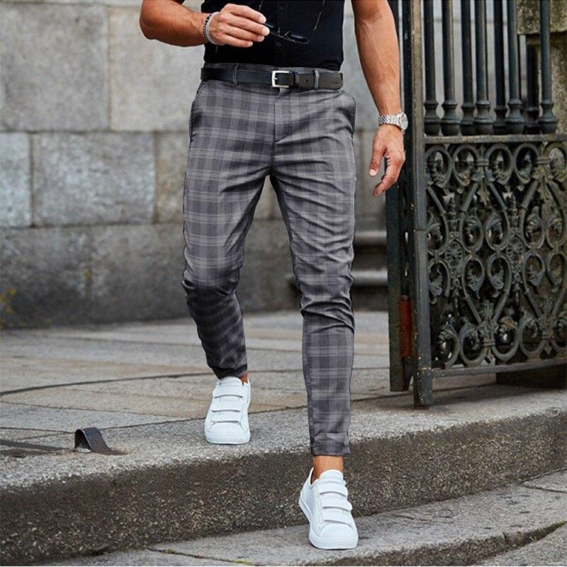 Men's slim fit check chino pants in dark plaid, cropped at ankle