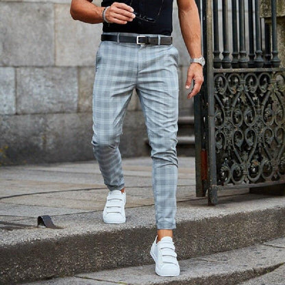 Men's slim fit check chino pants in dark plaid, cropped at ankle