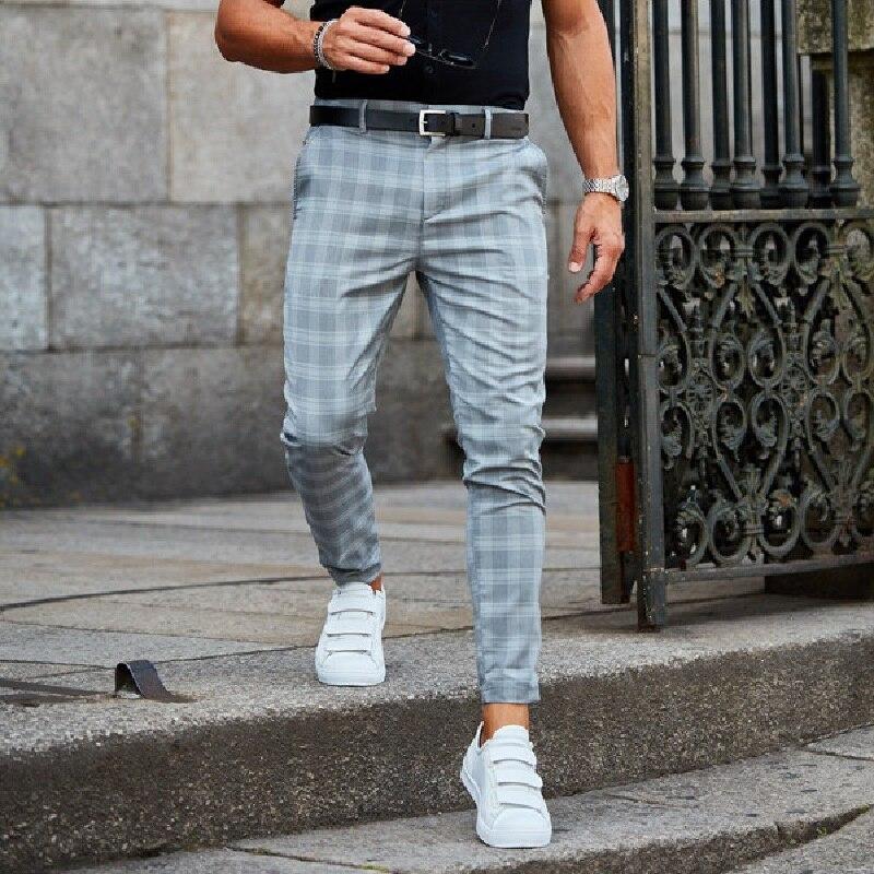 Men's slim fit check chino pants in dark plaid, cropped at ankle