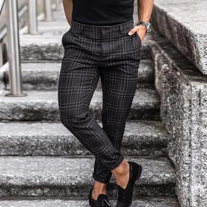 Men's slim fit check chino pants in dark plaid, cropped at ankle
