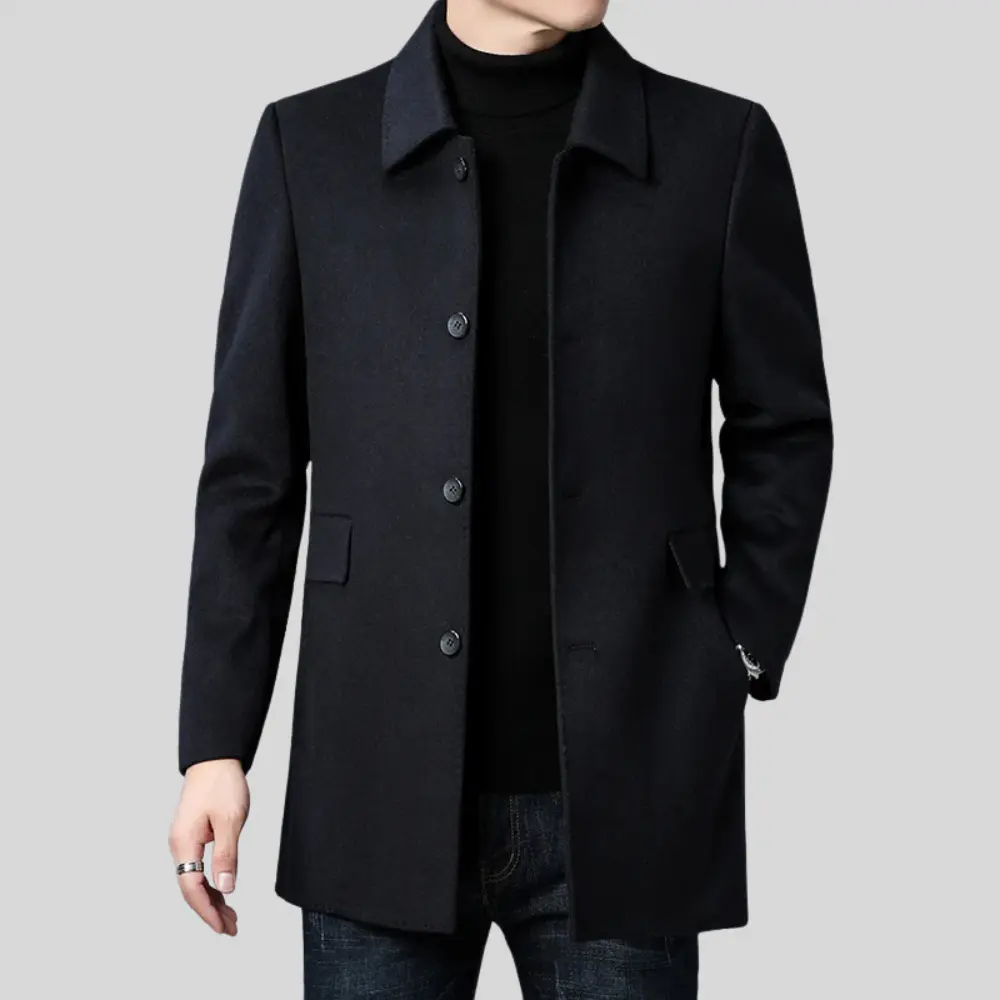 Men's button front overcoat with notched collar and flap pockets