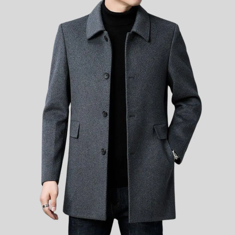 Men's button front overcoat with notched collar and flap pockets