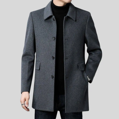 Men's button front overcoat with notched collar and flap pockets