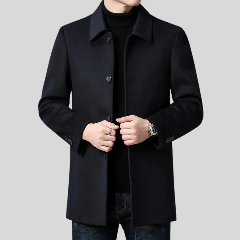 Men's button front overcoat with notched collar and flap pockets