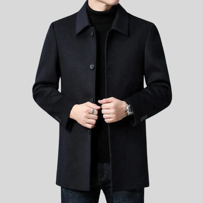 Men's button front overcoat with notched collar and flap pockets