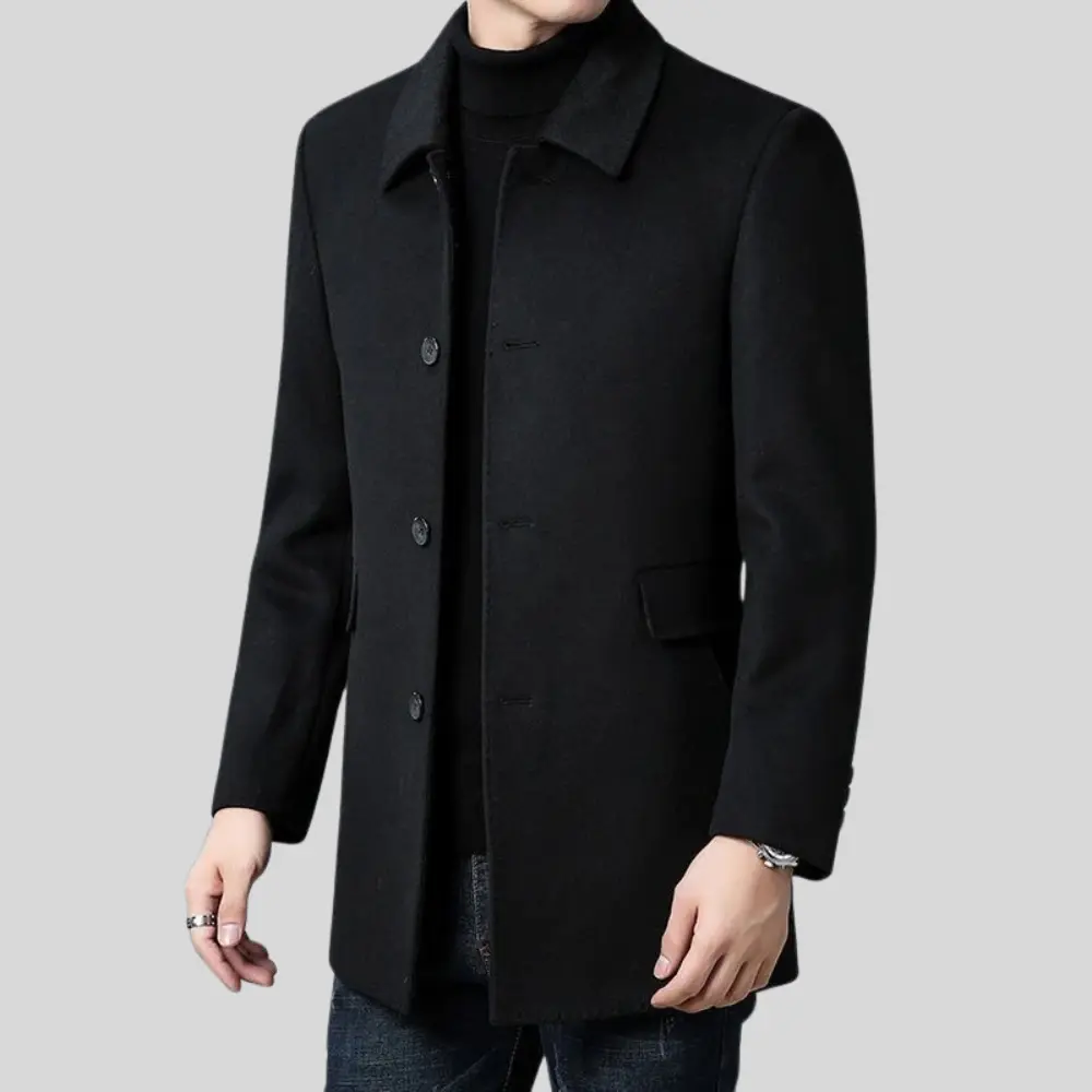 Men's button front overcoat with notched collar and flap pockets