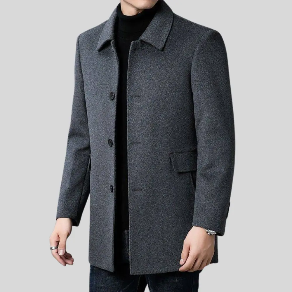 Men's button front overcoat with notched collar and flap pockets