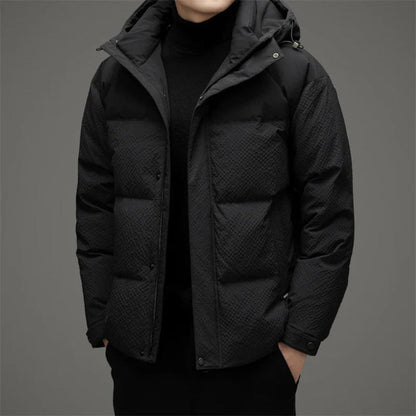 Men's quilted hooded padded jacket with long sleeves and front pockets
