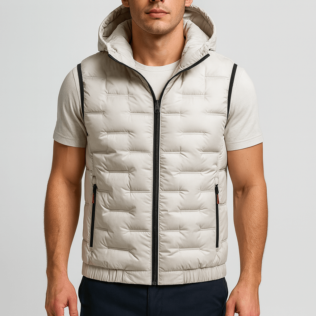 Men's hooded quilted puffer vest with full zip and front pockets