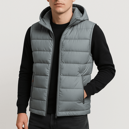 Men's hooded quilted puffer vest with full zip and front pockets