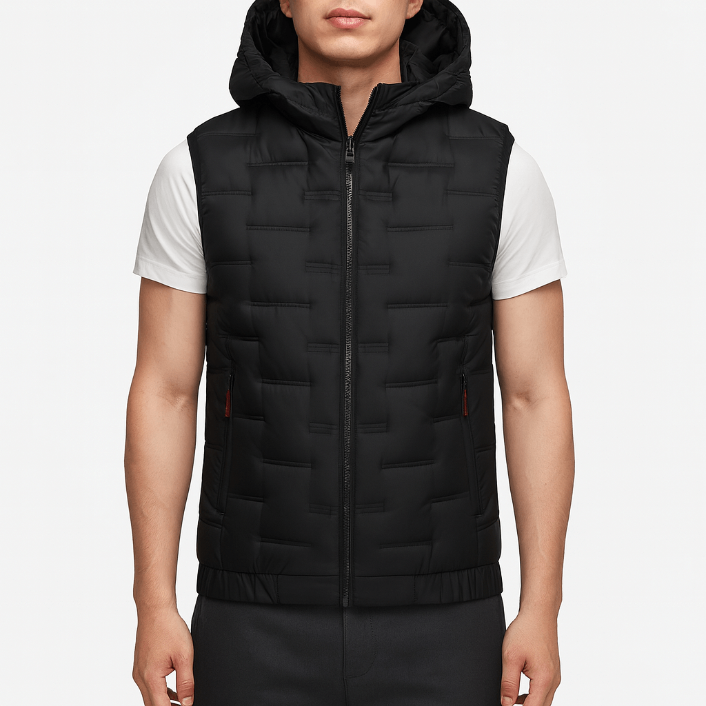 Men's hooded quilted puffer vest with full zip and front pockets